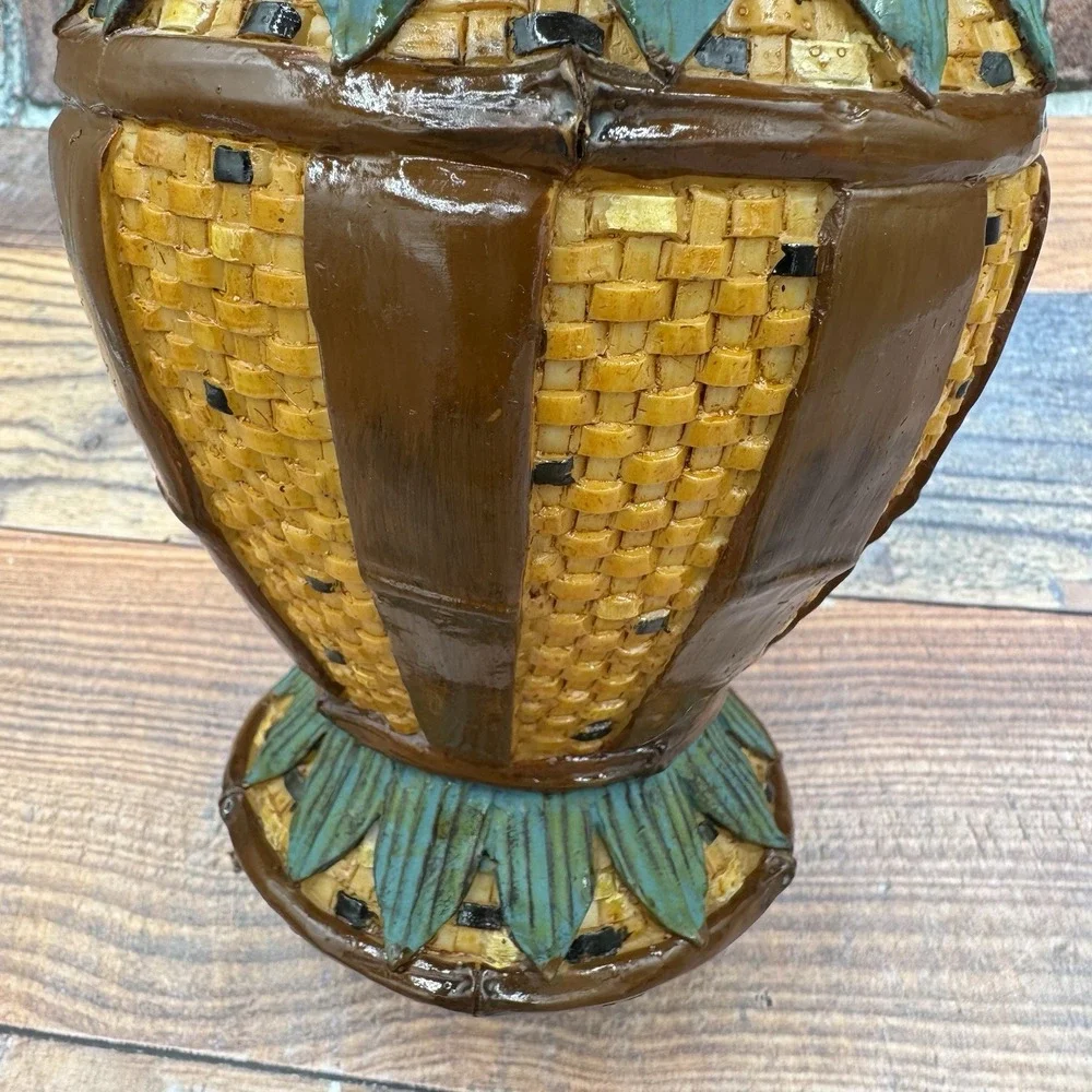 Resin Basket Weave Pineapple Vase Vintage Tiki Hand-Painted MCM